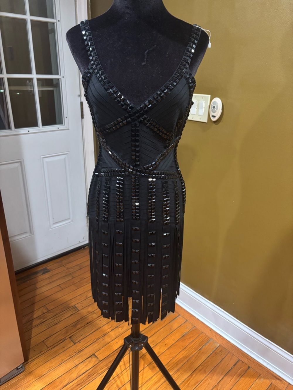 City Boutique Black Spaghetti Strapped Beaded Fringe Cocktail Dress -Sz L NWOT